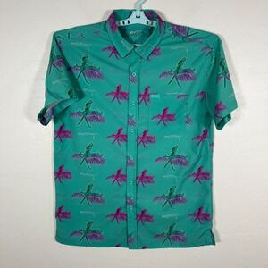 Retro Rifle Shirt Mens Large Green Button Up Saws And Macaws Floral Bird Stretch
